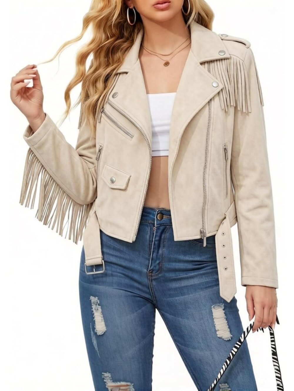 Women's White Faux Suede Tassel Jackets With Lining Cropped Fringe Coats Outfits